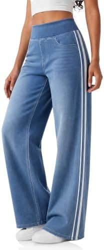 Cicy Bell Womens Pull On Jeans Wide Leg Stretchy Side Striped Denim Pants | Boyfriend Style, Side... | Amazon (US)