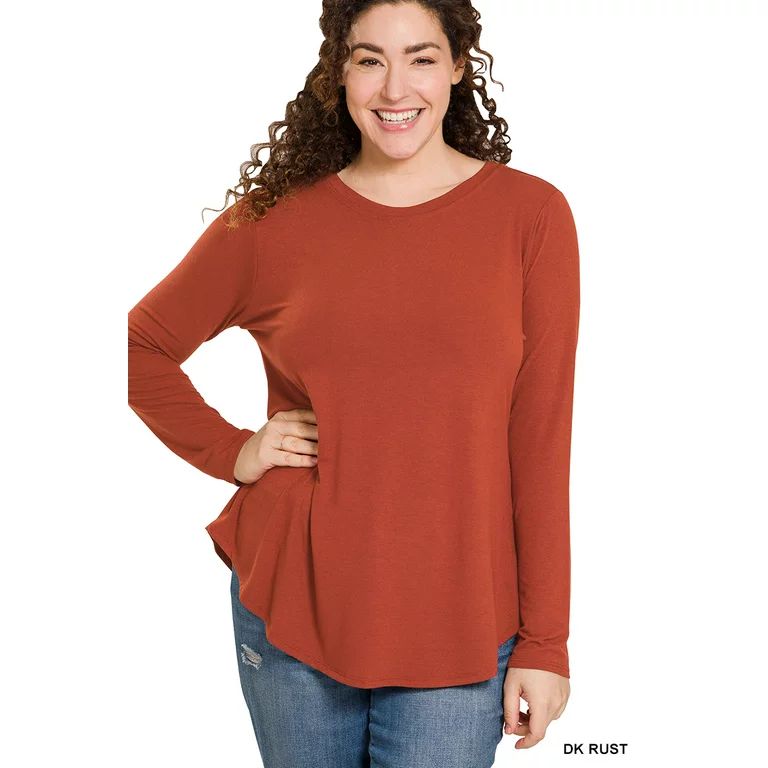 Zenana Women & Plus Relaxed Fit Long Sleeve Round Neck & Hem Jersey Tee Shirt Top - Walmart.com | Walmart (US)