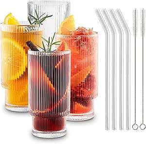 Gracenal Ribbed Glass Cups with Straws 12oz, Drinking Glasses Set of 4, Ribbed Glassware, Cocktai... | Amazon (US)