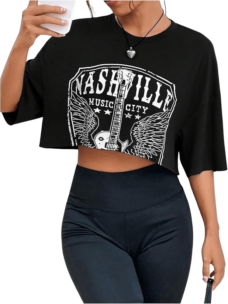 GORGLITTER Women's Eagle Letter Graphic Cropped T Shirt Half Sleeve Crewneck Drop Shoulder Crop T... | Amazon (US)