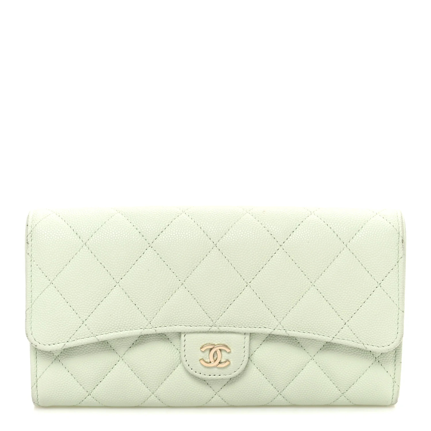 Caviar Quilted Large Gusset Flap Wallet Light Green | FASHIONPHILE (US)