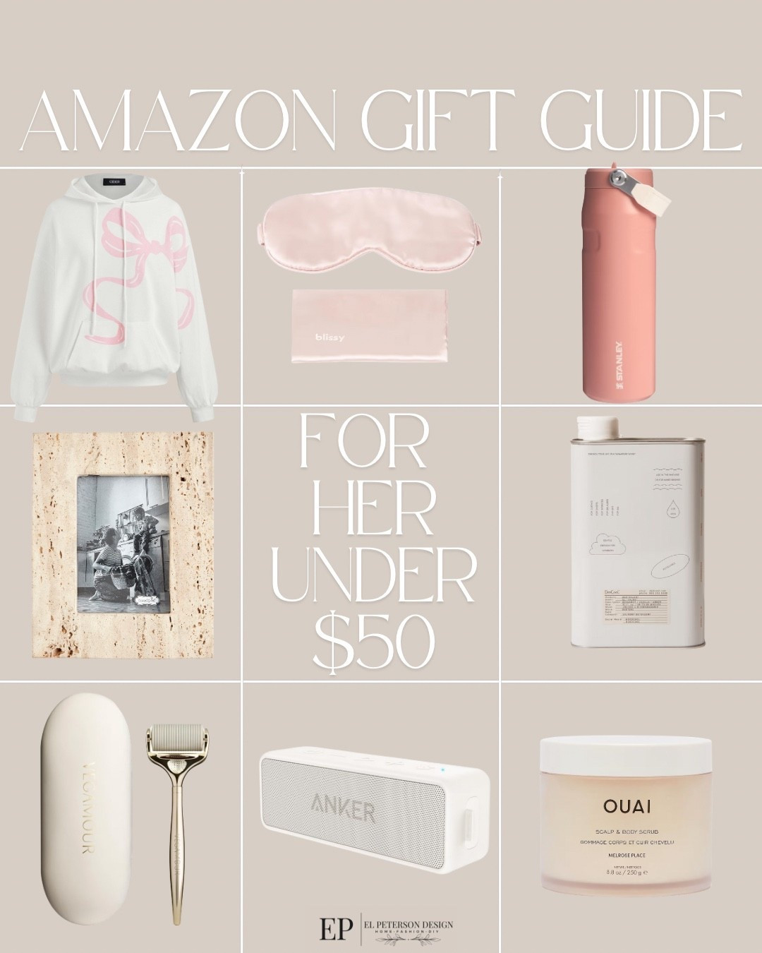 Gift guide for her under $50
Sweater
Picture frame 
Stanley cup
Eye cover 
Face roller
Portable speaker
Body scrub 


#LTKGiftGuide #LTKFindsUnder50