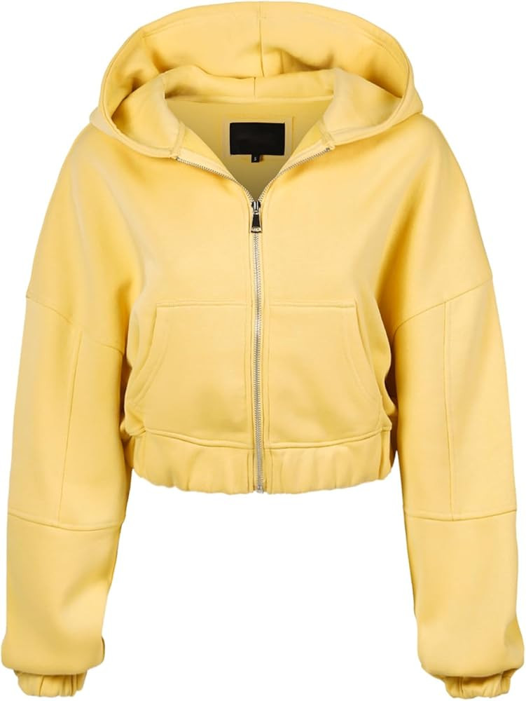 MixMatchy Women's Solid Casual Basic Long Sleeve French Terry Zip Up Crop Hoodie Jacket | Amazon (US)