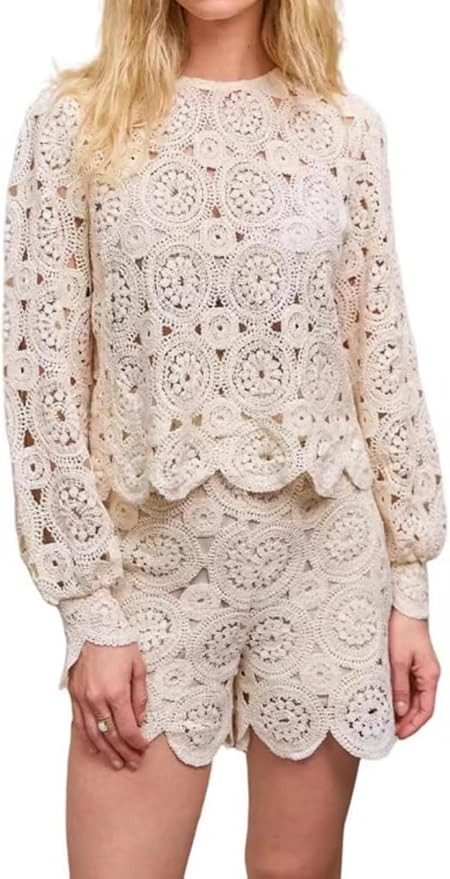 2 Piece Sets for Women Long Sleeve Hollow Out Crochet Tops and Shorts Trendy 2 Piece Lounge Set f... | Amazon (US)