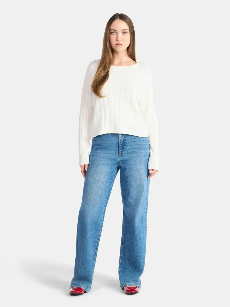 No Boundaries Wide Ribbed Scoop Neck Sweater, Midweight, Women's | Walmart (US)