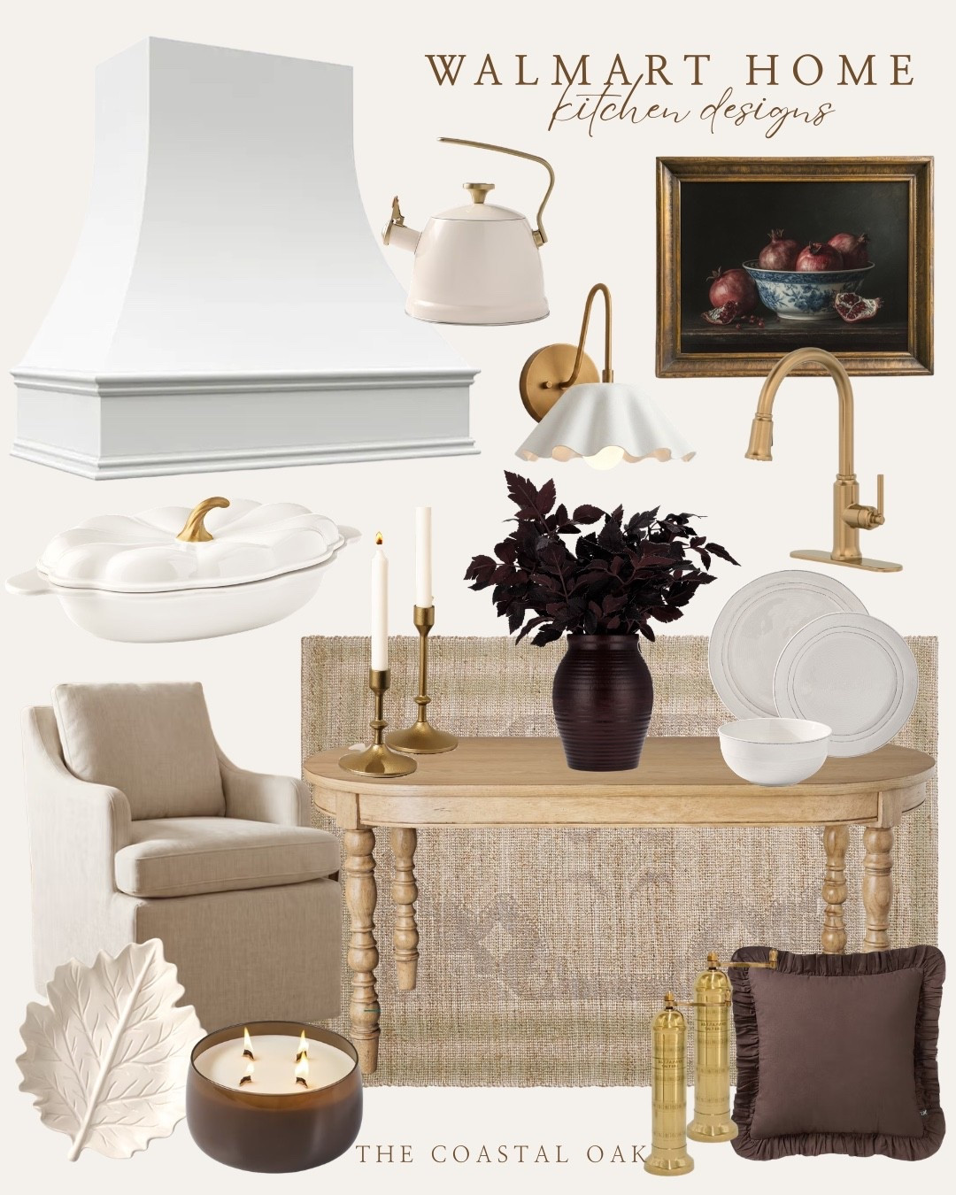 Some of my favorite Walmart Home finds for creating a collected, designer kitchen on a budget. Classic lighting, brass accents, neutral dinnerware, vintage-inspired art and warm kitchen decor that feels timeless instead of trendy.
