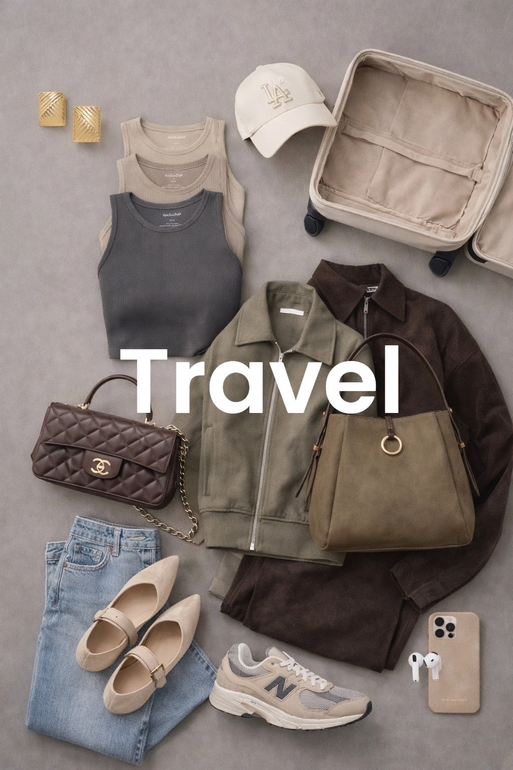 Pinterest-worthy luxury flat lay on a soft warm-gray background, styled in a refined editorial composition. Neutral capsule wardrobe with stacked ribbed tanks in tonal gradient (ivory, taupe, charcoal), layered olive and chocolate zip-front jackets, folded brown trousers, and light-wash denim. Accessories include structured olive shoulder bag, quilted brown designer handbag with gold chain, beige pointed flats, neutral sneakers, minimal gold statement earrings, cream baseball cap, open hard-shell suitcase styled diagonally for travel context, and subtle tech details (smartphone and earbuds). Balanced negative space, asymmetrical layout, clean lines, quiet luxury aesthetic, modern European travel style, soft diffused lighting, ultra-detailed textures, timeless, elevated, minimalist, no text, no logos emphasized, high-end fashion editorial feel.

Hashtags
#QuietLuxury #PinterestStyle #NeutralAesthetic #CapsuleWardrobe #TravelStyle #EffortlessChic #MinimalFashion #ElevatedBasics #SoftNeutrals #EuropeanStyle #LuxuryFlatlay #ModernClassic #TimelessStyle #BeigeAesthetic #EarthTones #TravelOutfitInspo #WardrobeInspo #CleanGirlAesthetic #OldMoneyVibes #SophisticatedStyle

#LTKHoliday #LTKGiftGuide #LTKdayinmylife