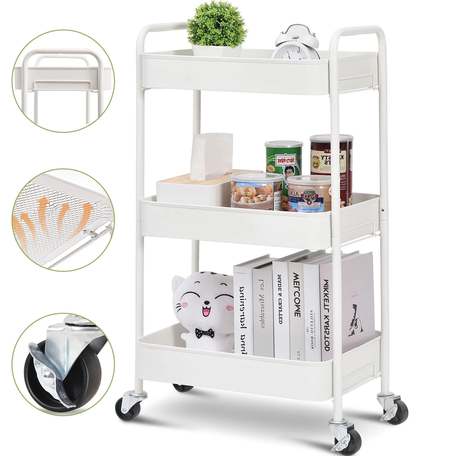 KK KINGRACK 3-Tier Rolling Cart, Metal Utility Cart with Wheels ,Office School Organizer, White | Walmart (US)