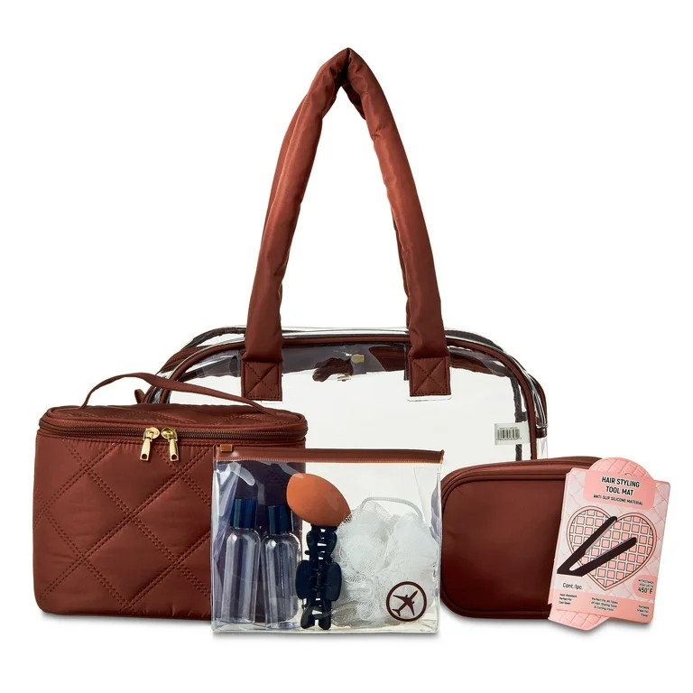 Walmart Puffy Handle Getaway Travel Bag with Essentials, Clear and Mocha, 10 Piece | Walmart (US)