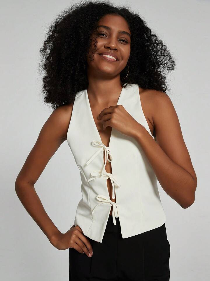 Women's Summer Solid Color V-Neck Casual Knotted Tank Top | SHEIN