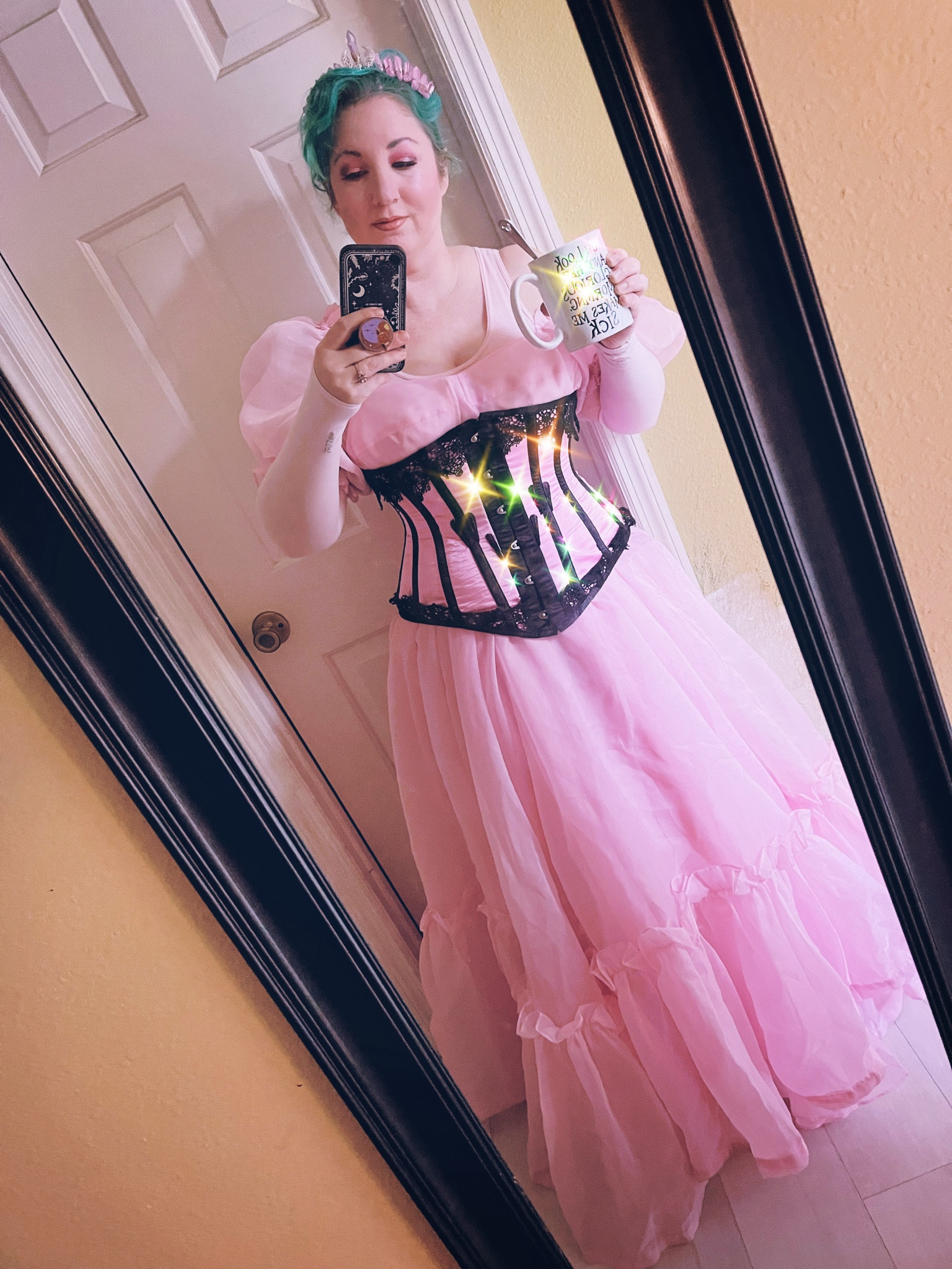 All pink today! Love this corset bought  from @corsetstory 
Dress bought from @selkie 
It was one of my first corsets and first Selkie dresses. I want a few more selkies and some historical based corsets or more alt style ones. 
And I’m wearing compression sleeves and thigh highs because my neuropathy is bad today. 
Ugh: 😩 
#dopaminedressing
#mirrorpic 
#realoutfit
#corsets
#corsetstory
#selkie
#selkiedress
#dressedup 
#todaysoutfit 
#realoutfit 
#todayslook

#LTKOver40 #LTKSeasonal #LTKHalloween