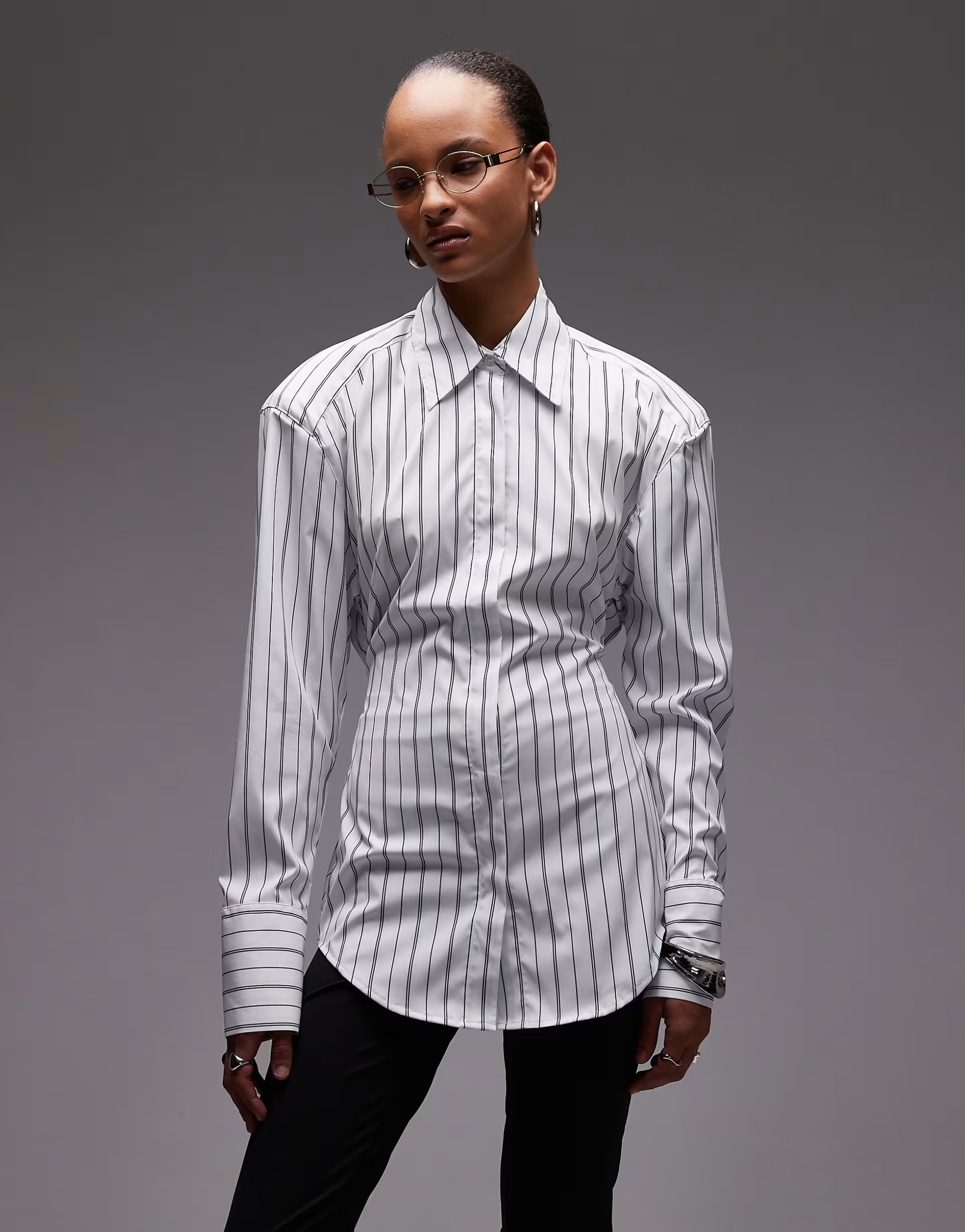 ASOS DESIGN cinch waist shirt with shoulder pads in navy pinstripe | ASOS | ASOS (Global)