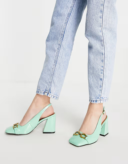 ASOS DESIGN Stable snaffle detail slingback heeled shoes in green | ASOS (Global)