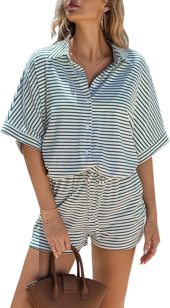EXLURA Womens Summer 2 Piece Sets Casual Short Sleeve Striped Shirts Shorts Matching Sets Vacatio... | Amazon (US)
