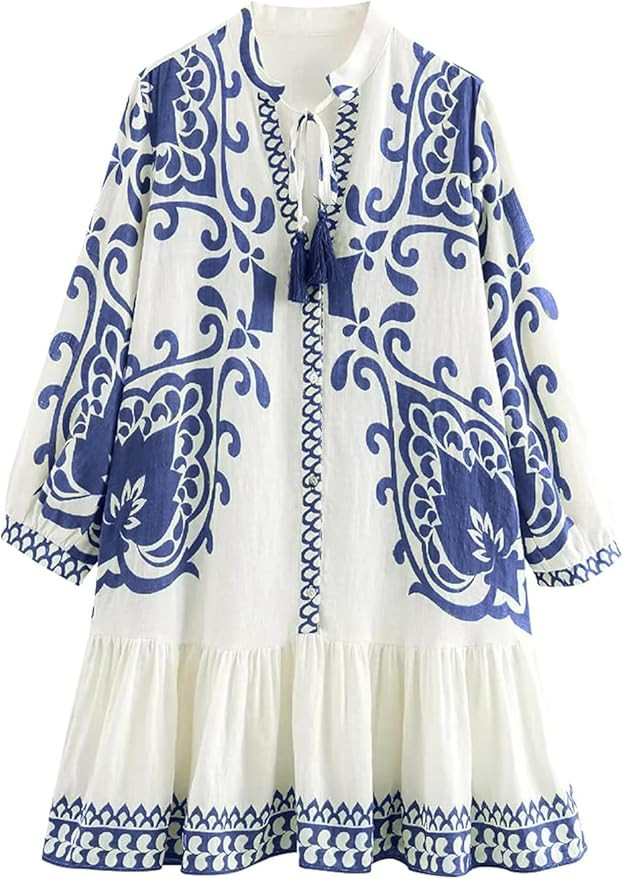 Womens Summer Bohemian Dress Floral Print Pleated Long Sleeve Mini Dresses Casual Button Down V N... | Amazon (US)