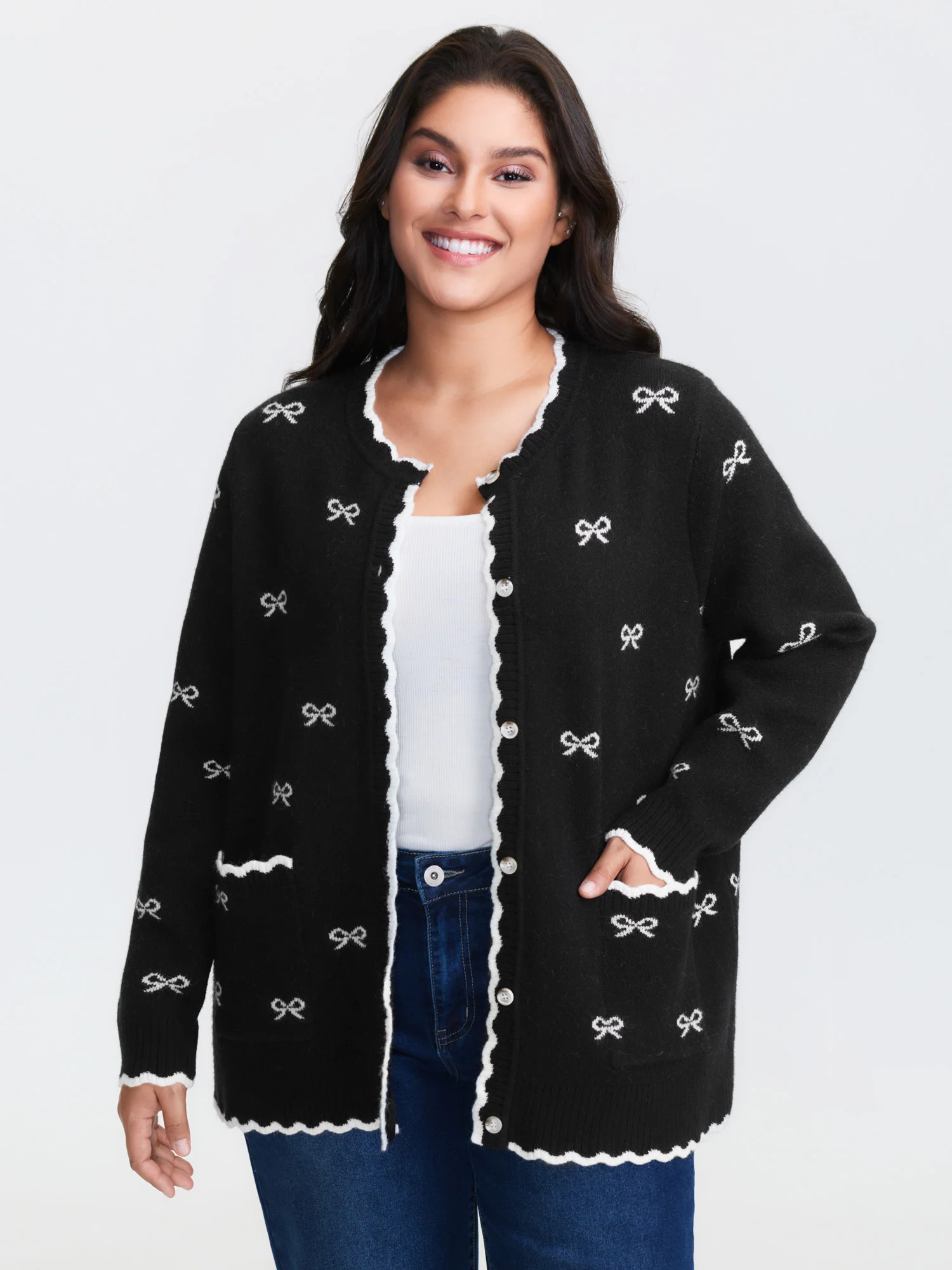 Bowknot Jacquard Wavy Edge Knit Cardigan | Bloomchic