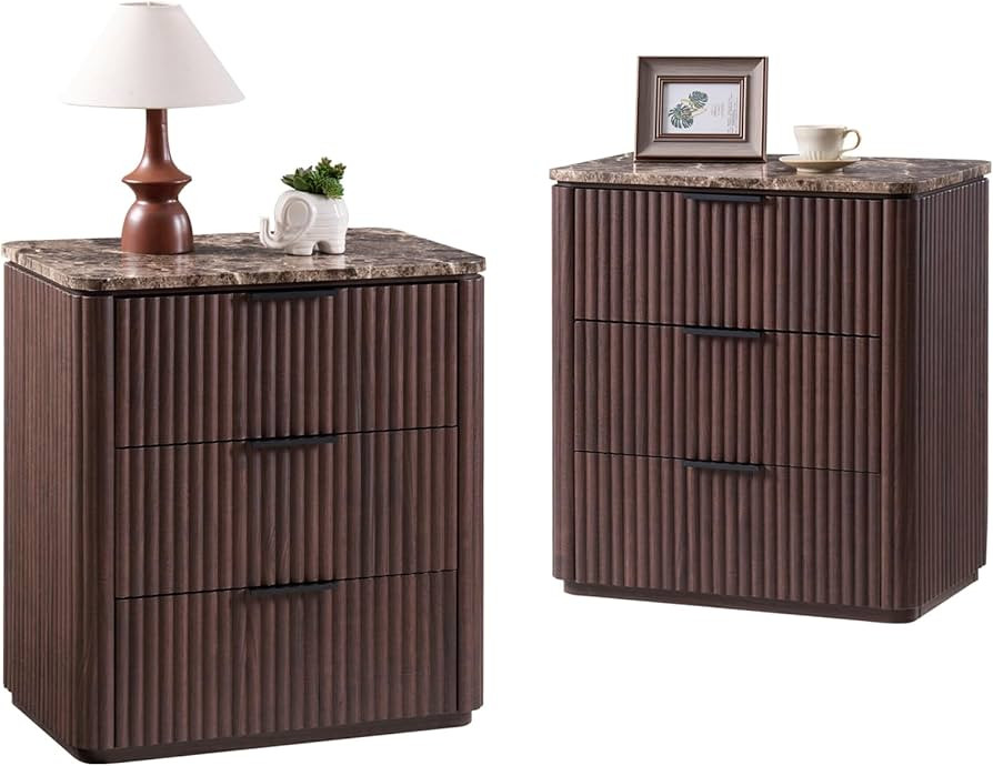 Fluted Nightstand Set of 2, Engineered Wood Bedside Table with 3 Drawers, Modern End Table with F... | Amazon (US)