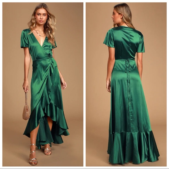 NWOT Lulus Love Of Your Life Dark Green Satin Ruffled Wrap Maxi Dress Medium | Poshmark