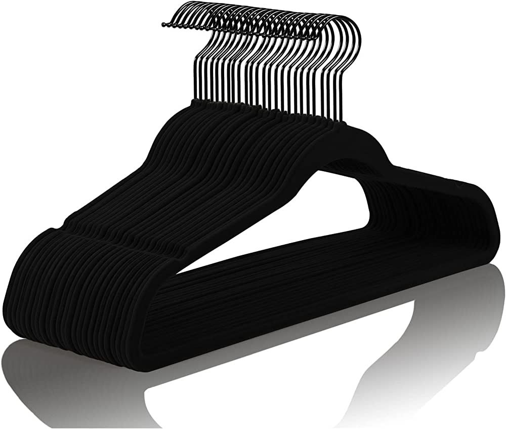 MIZGI Premium All Black Velvet Hangers with Black Hooks (50 Pack) Heavyduty - Non Slip Felt Hange... | Amazon (US)
