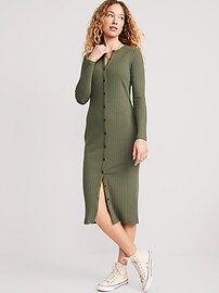 Fitted Rib-Knit Midi Button-Front Dress for Women | Old Navy (US)