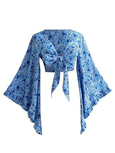 BEAUDRM Women's Boho Tops Wrap Western Country Concert 70s Outfits Tie Front Long Bell Sleeve Tops Hippie Disco Clothes Blue Flower Boho Small | Amazon (US)