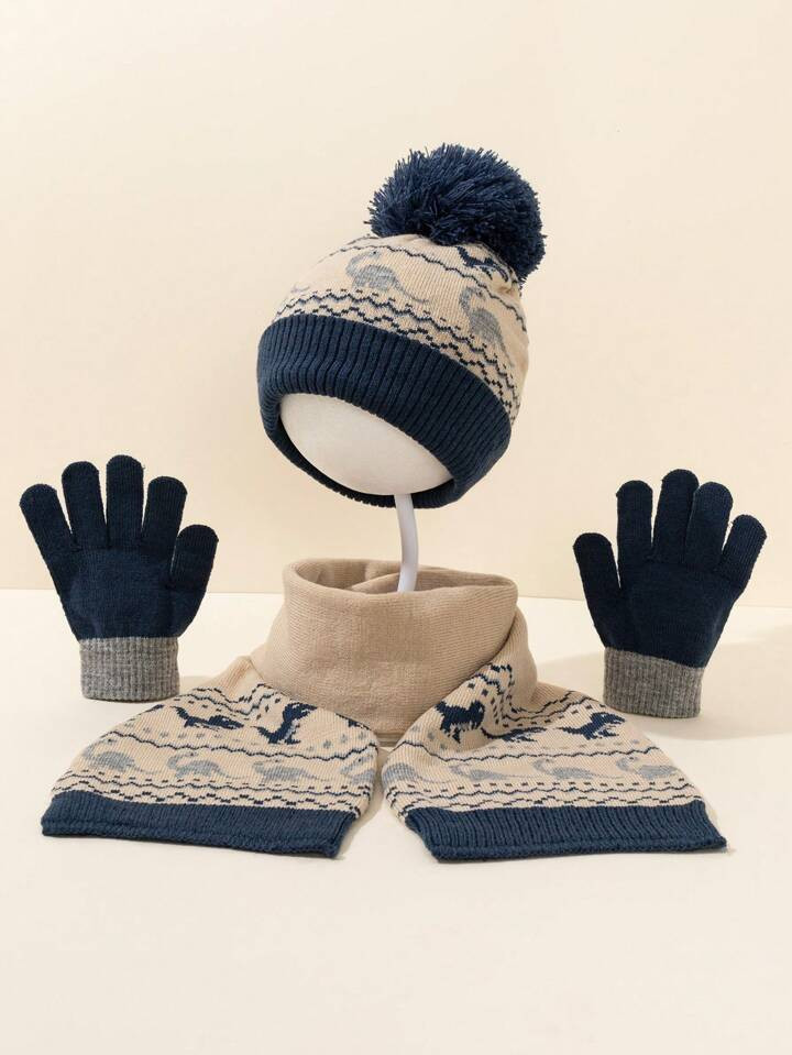 3pcs/Set Kids Dinosaur Pattern Hat, Scarf & Gloves Set, Warm Thickened Scarf, Striped Knitted Hat... | SHEIN