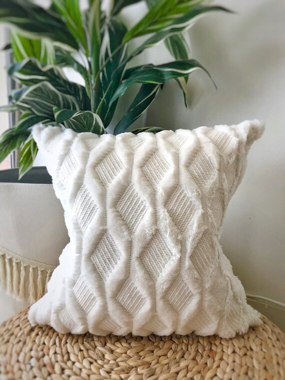 Ivory faux fur pillow cover | White Decorative Pillow Cover | Faux Fur Throw Pillows | White Geom... | Etsy (US)