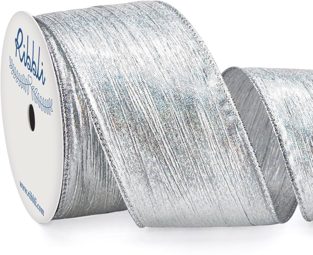 Ribbli Silver Crinkled Wired Ribbon with Metallic Edge, Iridescent Silver Christmas Ribbon for Ga... | Amazon (US)