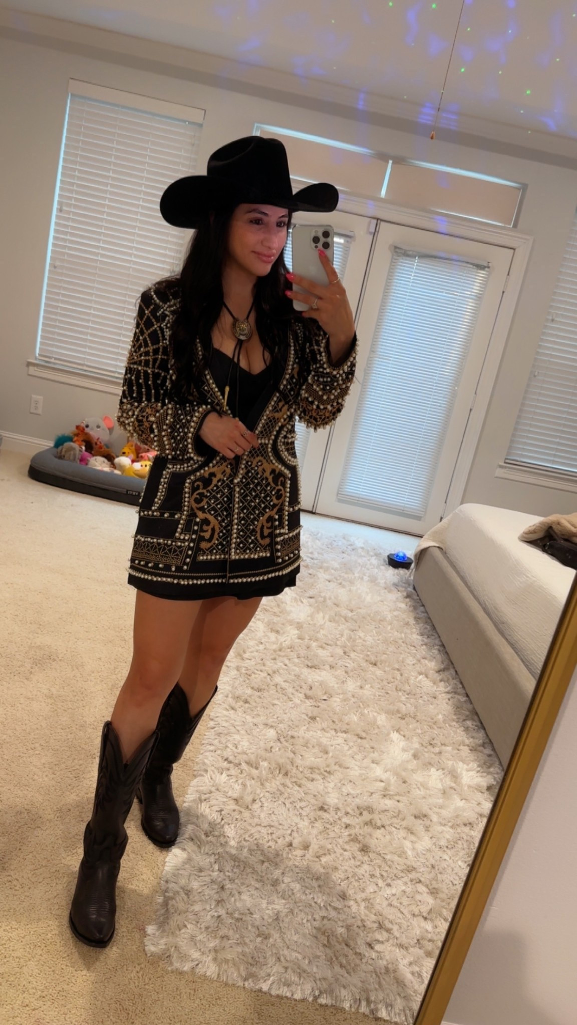 Western Gala Outfit
Bella Barnett Blazer Dress size Small
Tecovas black boots 
Little black dress under