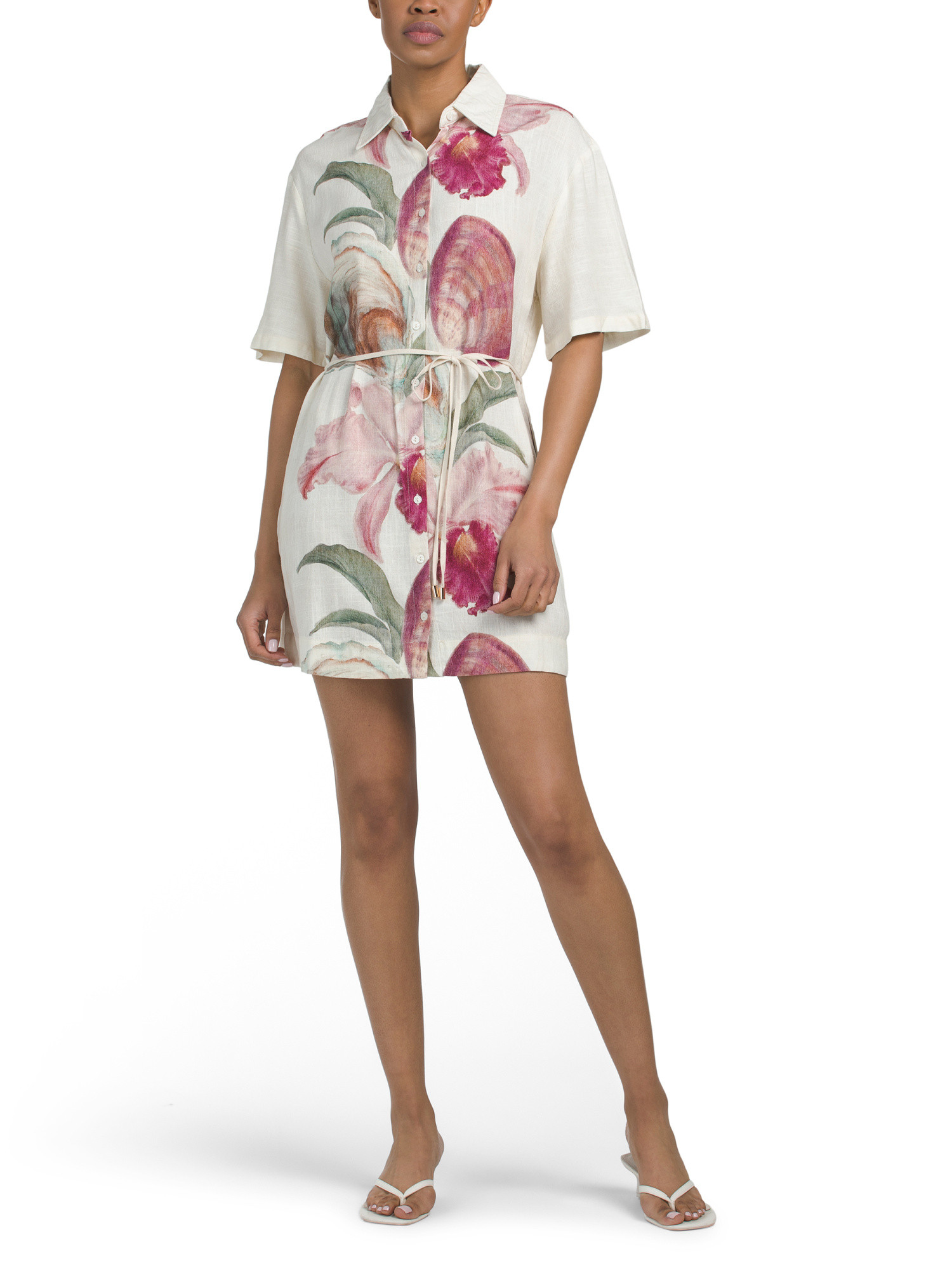 Linen Blend Short Sleeve Shell Print Mini Dress | TJ Maxx