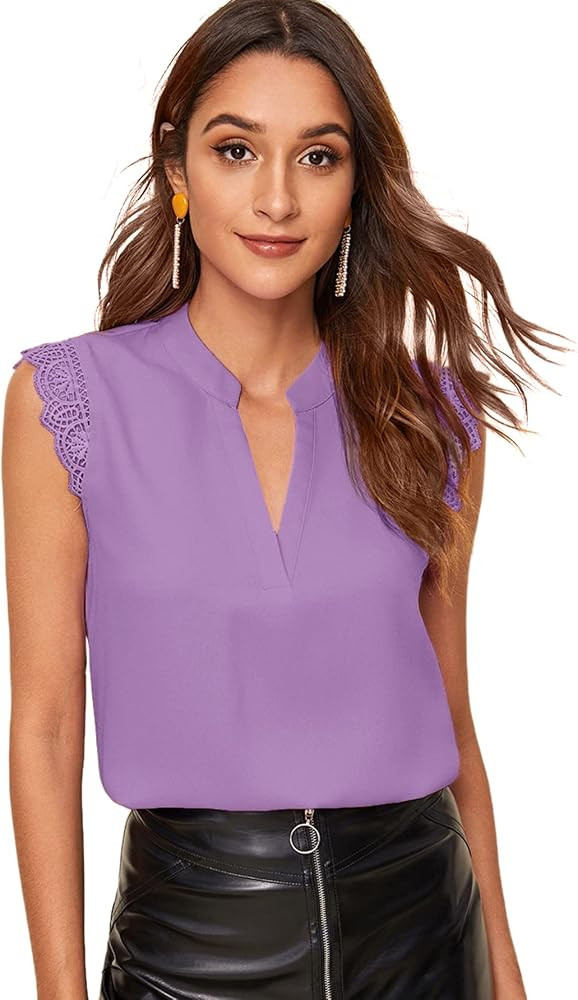 Milumia Women's Elegant Notch V Neck Sleeveless Blouse Guipure Lace Work Office Solid Top | Amazon (US)