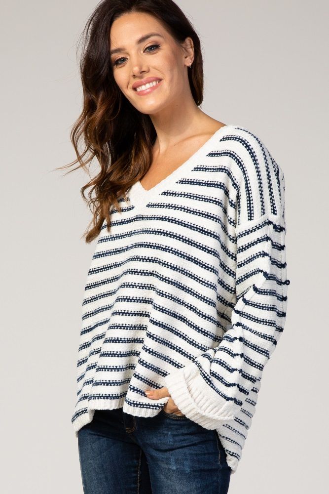Ivory Striped V-Neck Cuff Sleeve Sweater | PinkBlush Maternity
