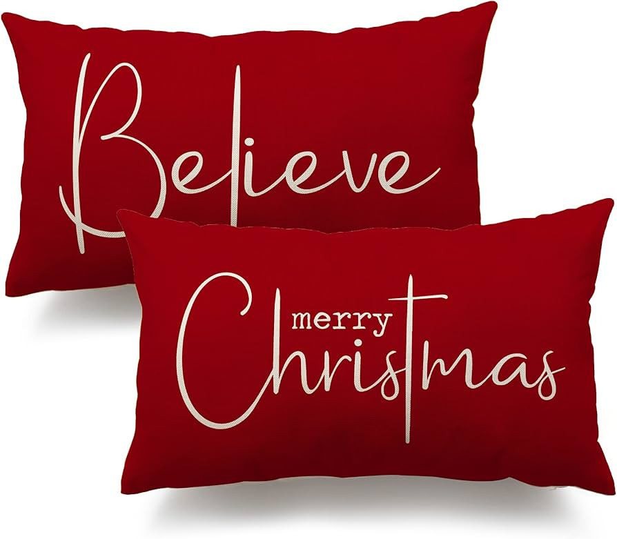 Christmas Throw Pillow Covers 12x20 Inch Set of 2 Merry Christmas Farmhouse Decorations Believe H... | Amazon (US)