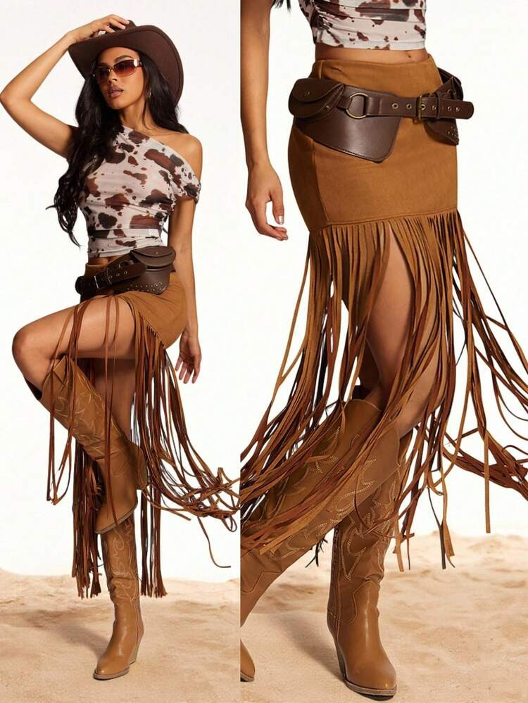 Radiana Women's Sexy Minimalist Brown Low-Waist Elastic Suede-Like Fringe Skirt, Low-Waist Long Skirt, Retro Western Fringe Skirt, Western Country Music Festival , Suitable For Casual Outings, Music Festivals, Concerts, Parties, Street Style | SHEIN