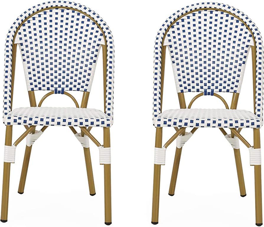 Christopher Knight Home Philomena Outdoor French Bistro Chair (Set of 2), Blue + White + Bamboo P... | Amazon (US)