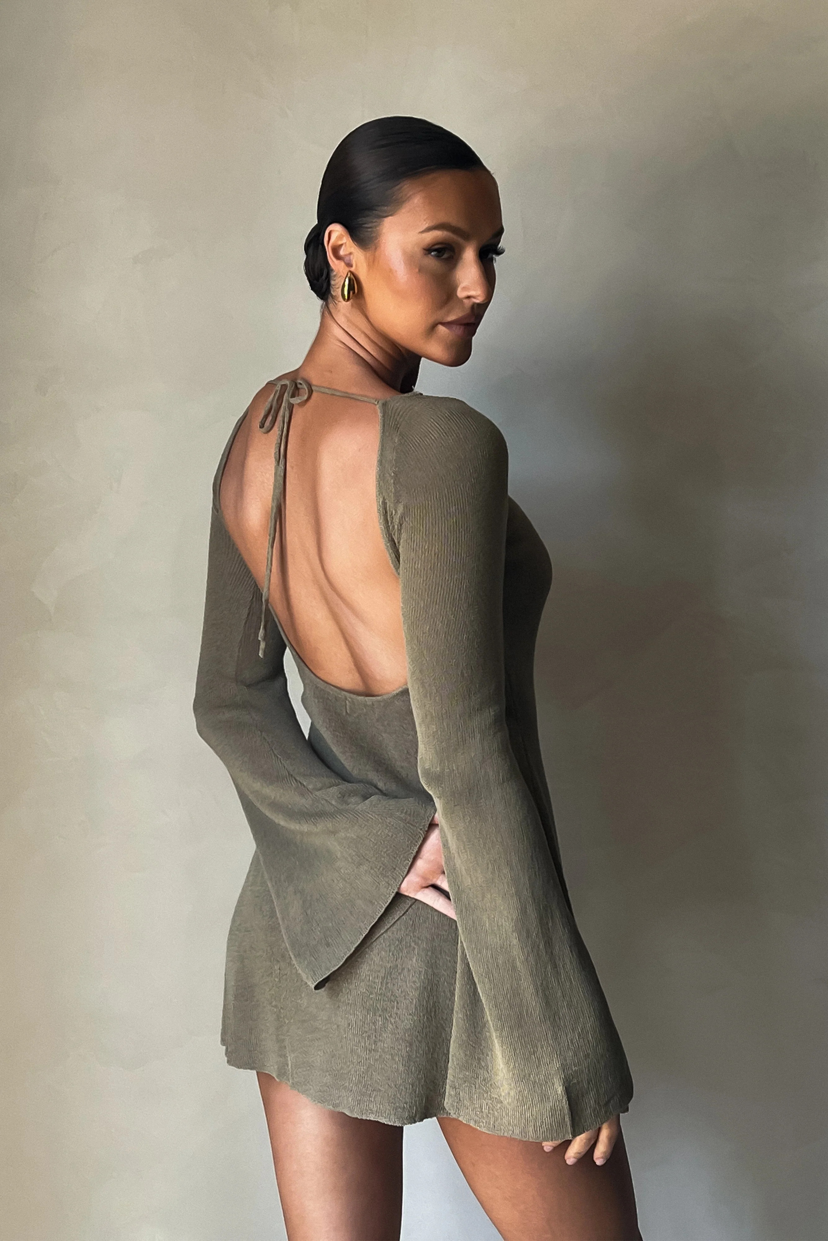 Zahra Long Sleeve Open Back Mini Knit Dress - Olive | MESHKI US