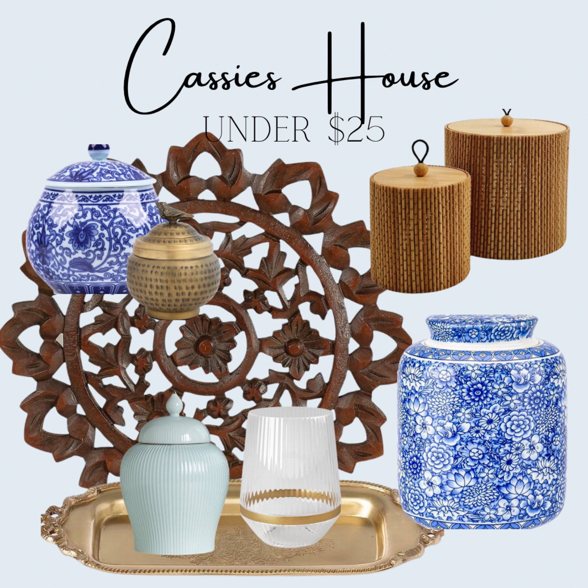 Home decor great finds under $25! Blue and white porcelain, wood carved wall art, baskets with lids, brass tray, ginger jar, brass ginger jar, glass hurricane candle holder. 

#LTKhome