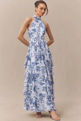 BHLDN High-Neck Printed Chiffon Maxi Dress | Anthropologie (US)