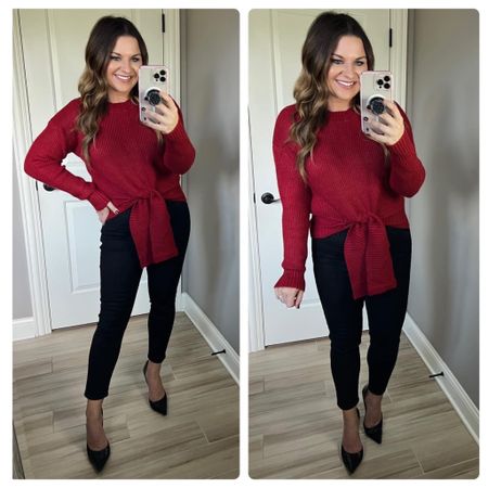 My sweater is on sale + 5% off clippable coupon. I really REALLY love this one! The tie waist sold me! So cute!  The quality is great and it comes in other colors! Fit is TTS. You’ll want to do high waisted pants with this one. 

#LTKHoliday #LTKstyletip #LTKSeasonal