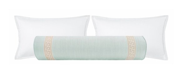 The Bolster : Signature Linen // Spa Blue + Greek Key Linen Trim // Cashmere | linen and trim | b... | Etsy (US)