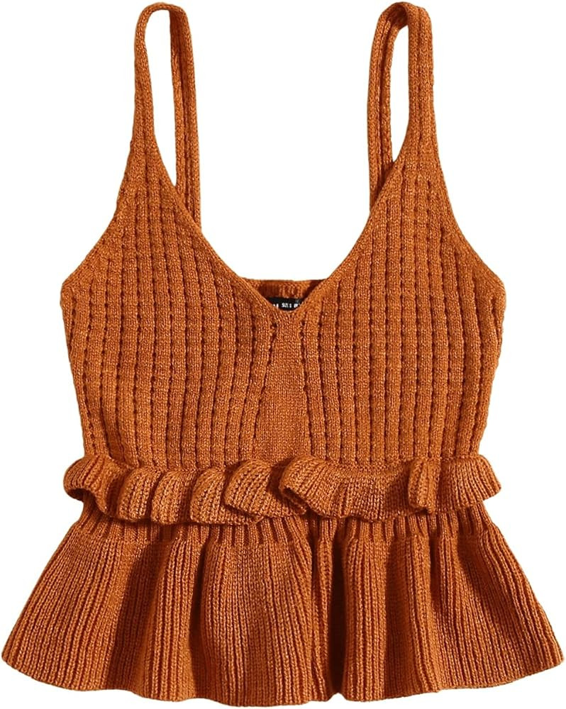SweatyRocks Women's Casual Sleeveless Peplum Tops Ruffle Hem Cropped Knit Sweater Vests | Amazon (US)