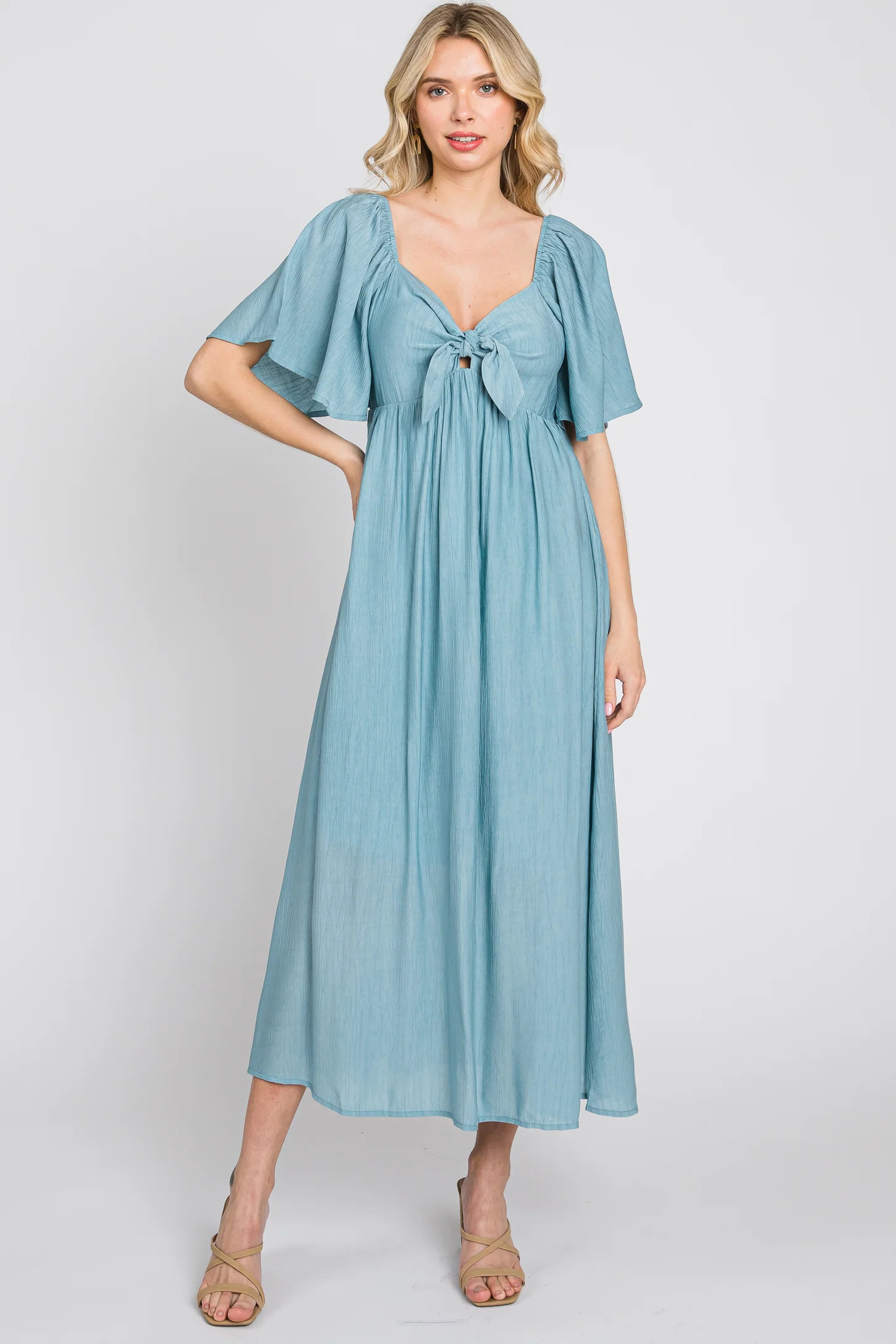 Blue Front Tie Ruffle Sleeve Midi Dress | PinkBlush Maternity