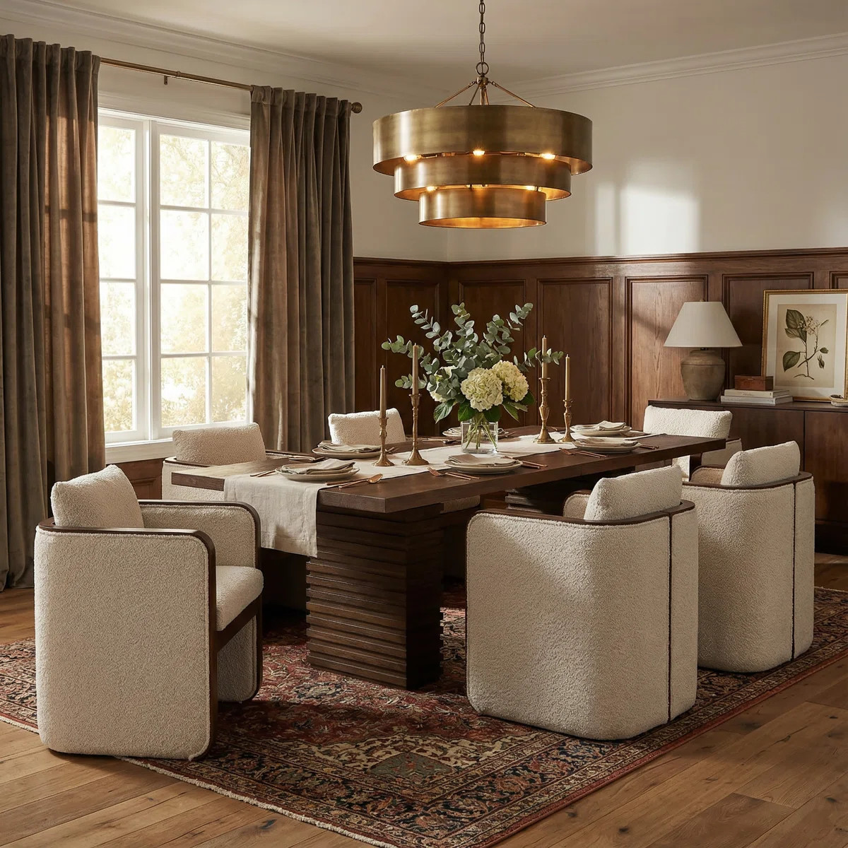 Calder 7-Piece Mid-Century Modern Wood Dining Table Set With Upholstered Arm Chairs | Wayfair North America