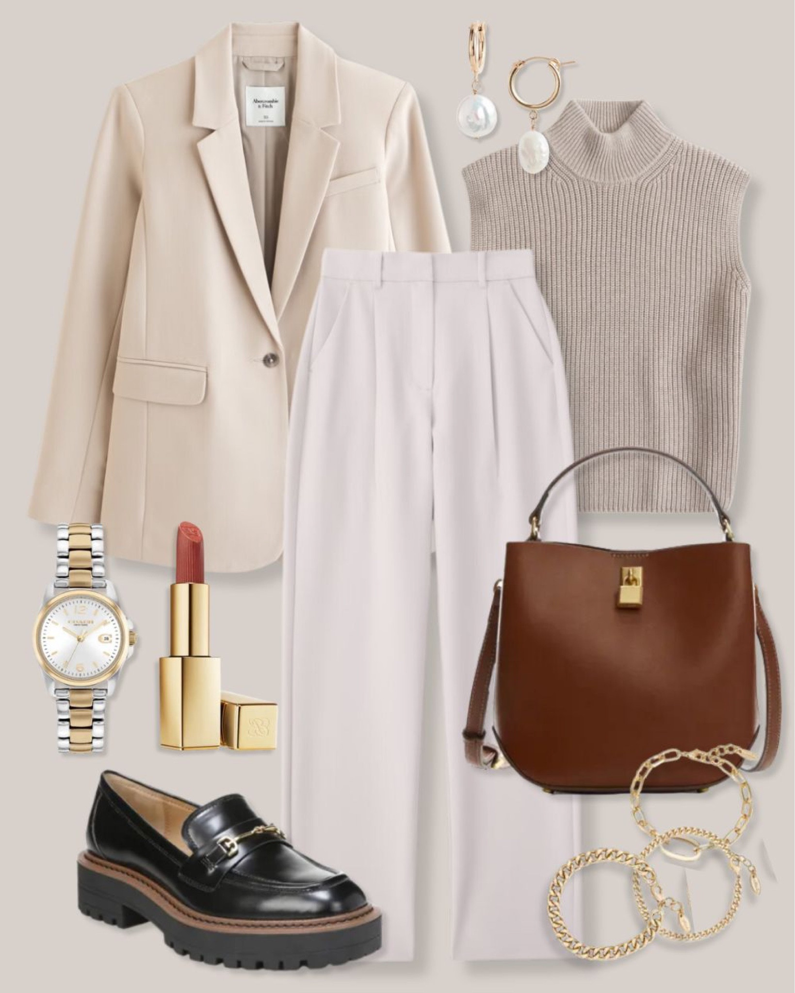 Beige blazer
Beige sweater
Beige sleeveless sweater
Taupe sweater
Off white pants
Dark brown bag
Pink lipstick
Silver watch
Gold watch
Black loafers
Black lug sole loafers
Gold bracelets
Business casual outfit
Neutral work outfit
Neutral outfit
Abercrombie outfit

#LTKfindsunder100 #LTKworkwear #LTKSeasonal