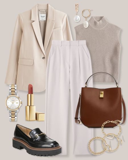 Beige blazer
Beige sweater
Beige sleeveless sweater
Taupe sweater
Off white pants
Dark brown bag
Pink lipstick
Silver watch
Gold watch
Black loafers
Black lug sole loafers
Gold bracelets
Business casual outfit
Neutral work outfit
Neutral outfit
Abercrombie outfit

#LTKfindsunder100 #LTKworkwear #LTKSeasonal