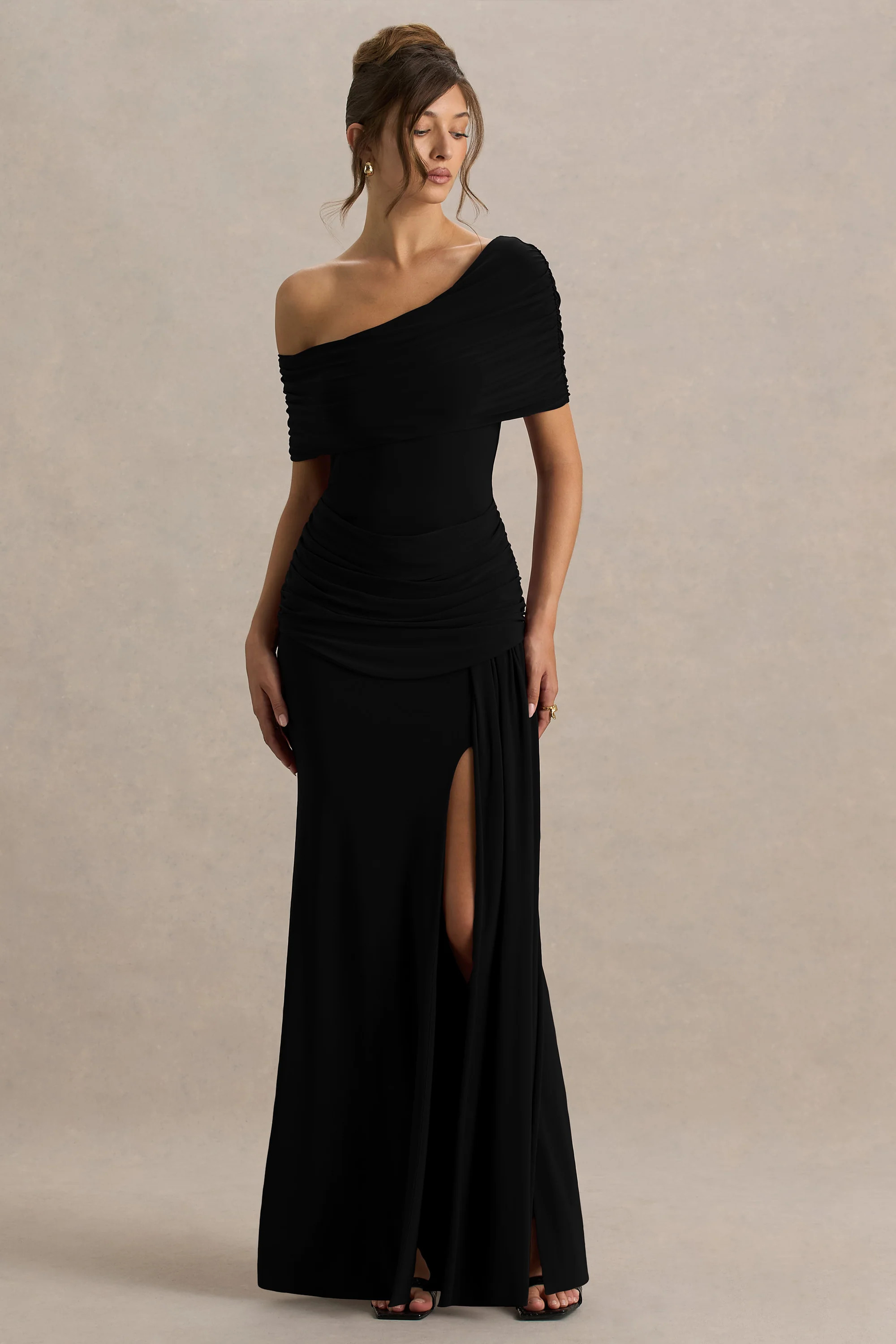 Dynasty | Black Asymmetric-Neck Maxi Dress With Ruched Detailing And Front High-Split | Club L London