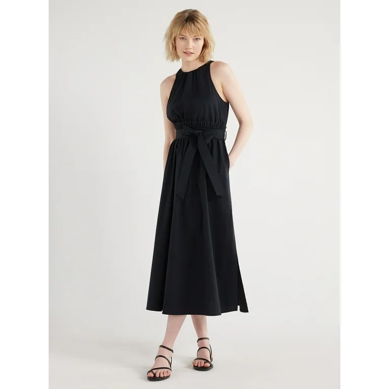 Scoop Women's Pleated Poplin Halter Dress with Self Tie Belt, Sizes XS-XXL | Walmart (US)