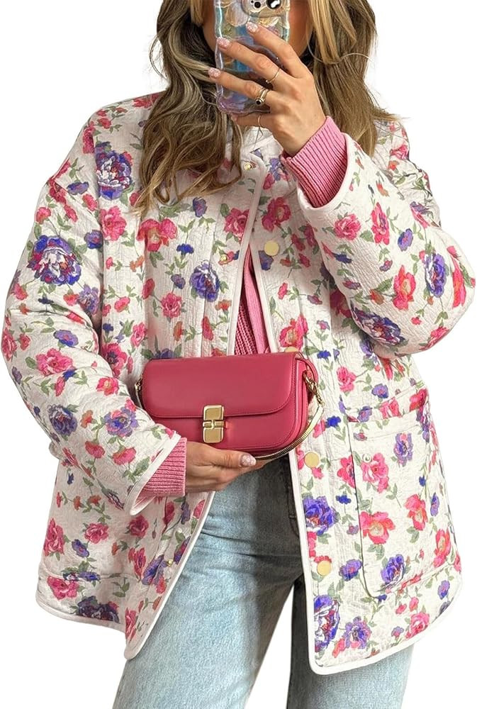 Tankaneo Womens Floral Lightweight Quilted Jacket Oversized Puffer Shacket Winter Collarless Butt... | Amazon (US)