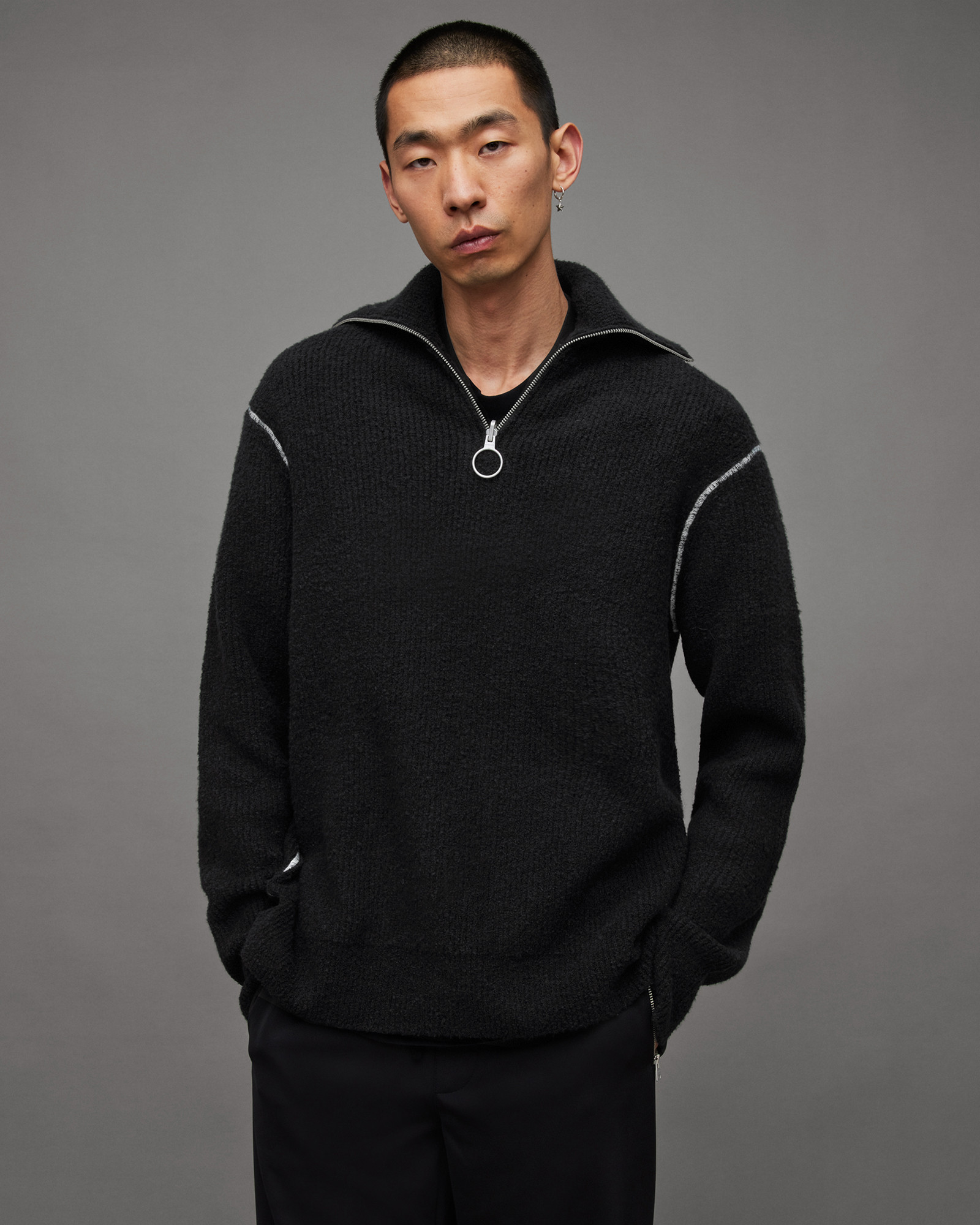 Asteroid Zip Up Funnel Neck Jumper Black | ALLSAINTS | AllSaints UK