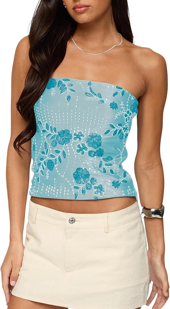 Women Y2K Sequin Tube Tops Backless Sparkle Tank Top Strapless Rhinestone Beaded Shirts Glitter B... | Amazon (US)